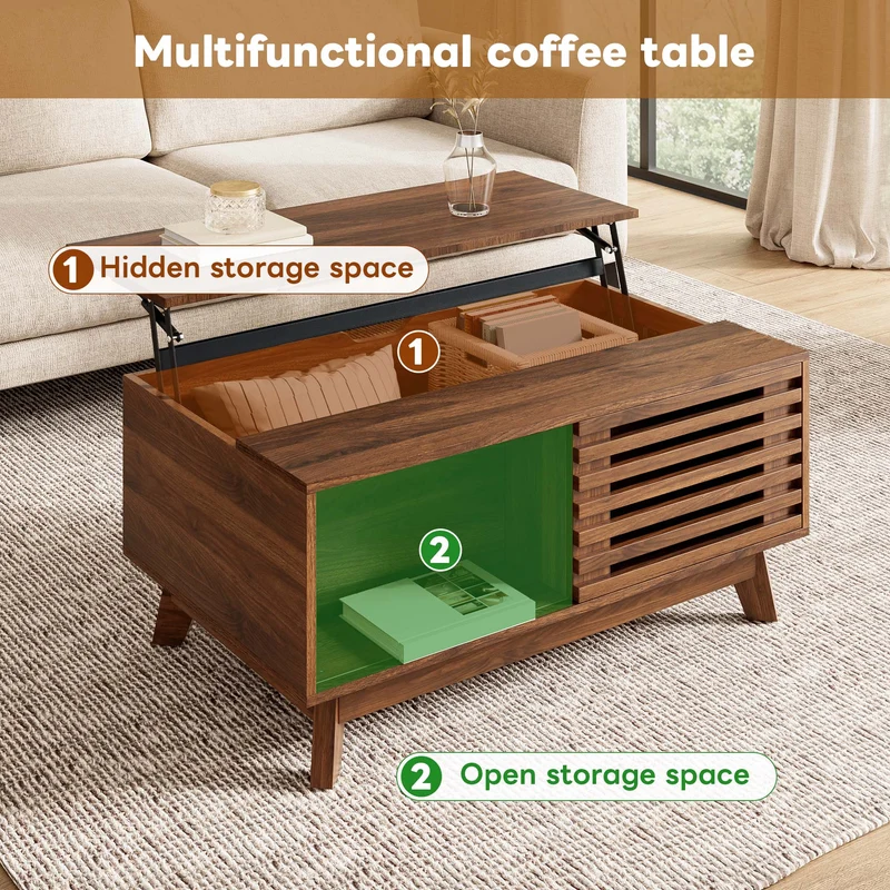 Table basse revelable réglable en hauteur effet noyer 90x55x57,5 cm ADJUSTCHEST
