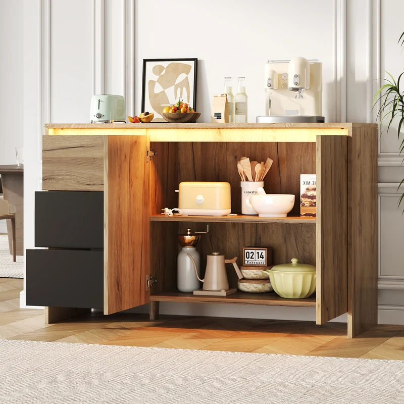 Buffet effet bois et noir 3 tiroirs, 2 portes avec éclairage LED 120x76x40cm ALUMINUMLAMP