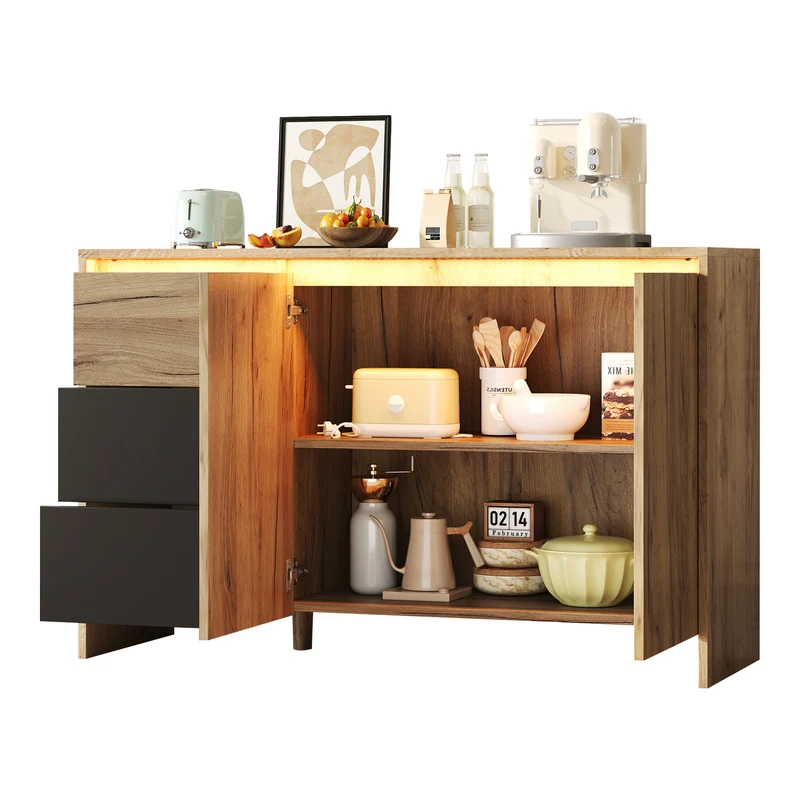Buffet effet bois et noir 3 tiroirs, 2 portes avec éclairage LED 120x76x40cm ALUMINUMLAMP