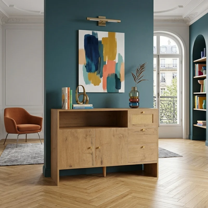 Buffet effet bois naturel avec rotin, portes, tiroirs et poignées dorées 105x40x76cm ALUMINUMPANEL