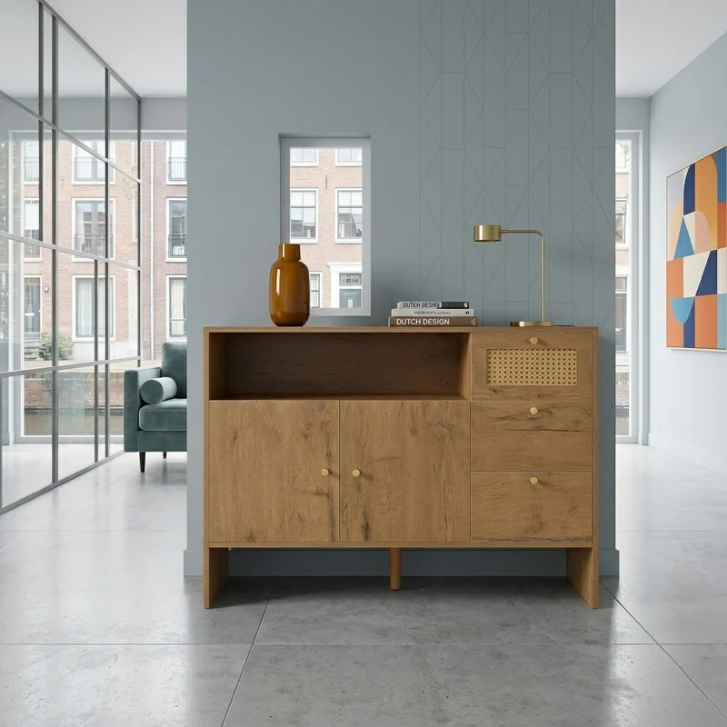 Buffet effet bois naturel avec rotin, portes, tiroirs et poignées dorées 105x40x76cm ALUMINUMPANEL
