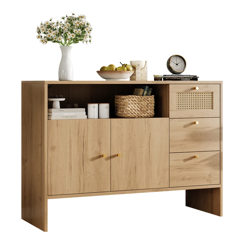 Buffet effet bois naturel avec rotin, portes, tiroirs et poignées dorées 105x40x76cm ALUMINUMPANEL