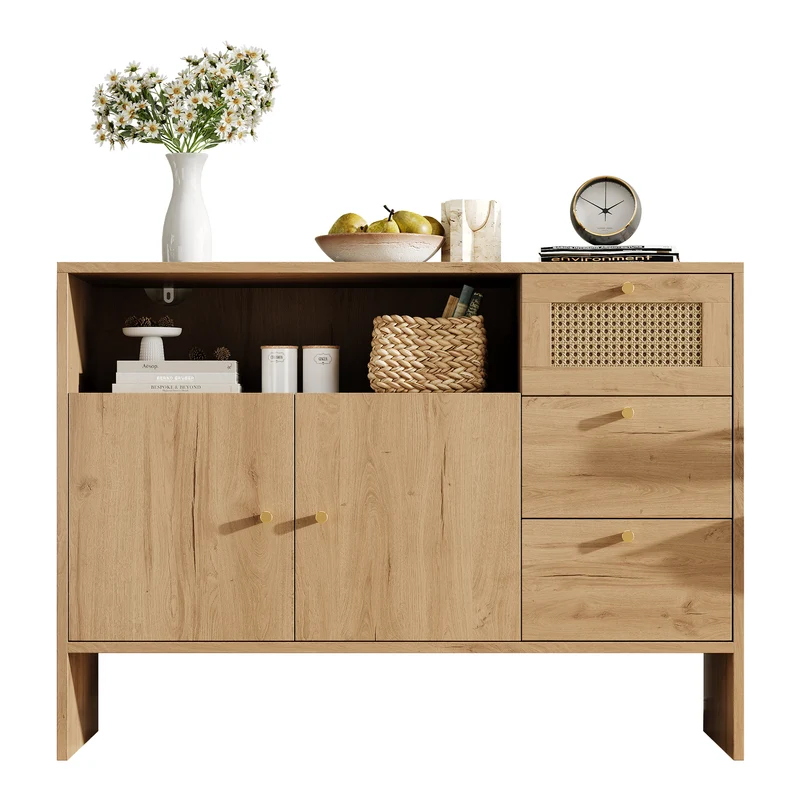 Buffet effet bois naturel avec rotin, portes, tiroirs et poignées dorées 105x40x76cm ALUMINUMPANEL