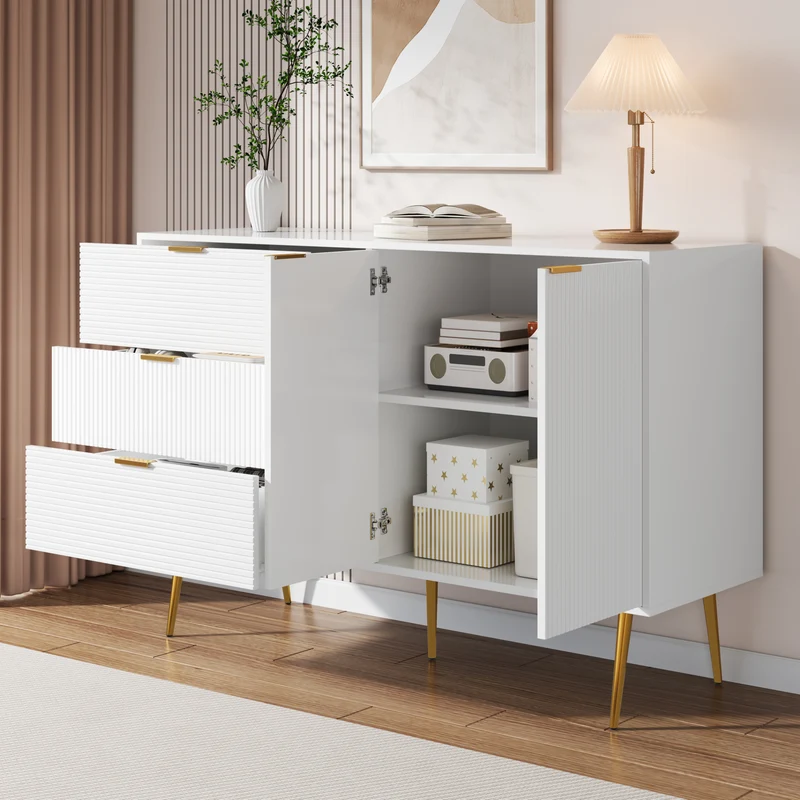 Buffet blanc élegant design ondulé détails dorés 120x38x80,5 cm ADJUSTBED