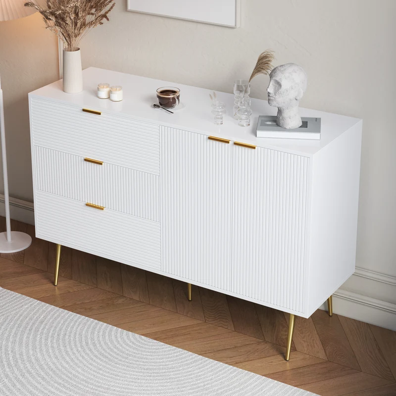 Buffet blanc élegant design ondulé détails dorés 120x38x80,5 cm ADJUSTBED