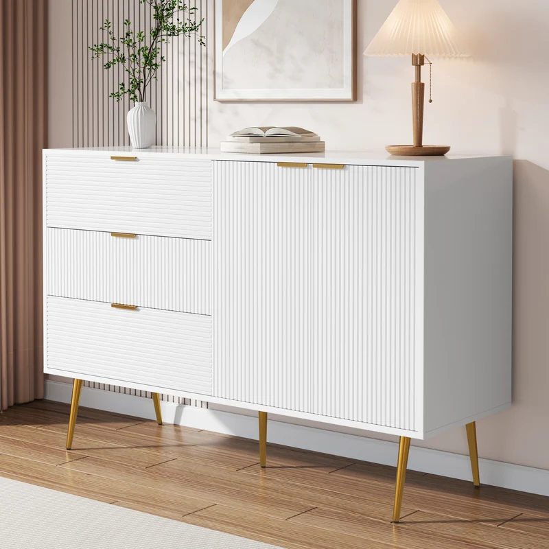 Buffet blanc élegant design ondulé détails dorés 120x38x80,5 cm ADJUSTBED