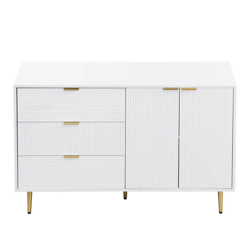 Buffet blanc élegant design ondulé détails dorés 120x38x80,5 cm ADJUSTBED