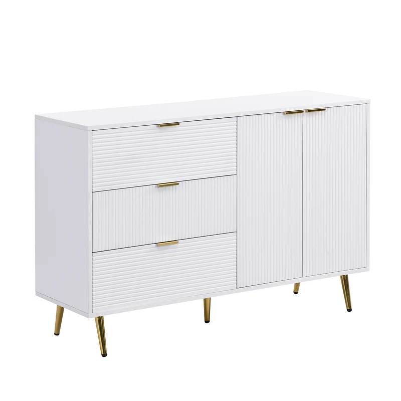 Buffet blanc élegant design ondulé détails dorés 120x38x80,5 cm ADJUSTBED