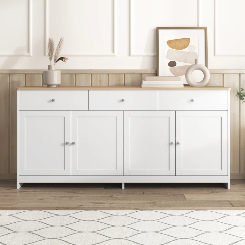 Buffet blanc effet bois 4 portes 3 tiroirs style campagne ADJUSTMARBLEONE