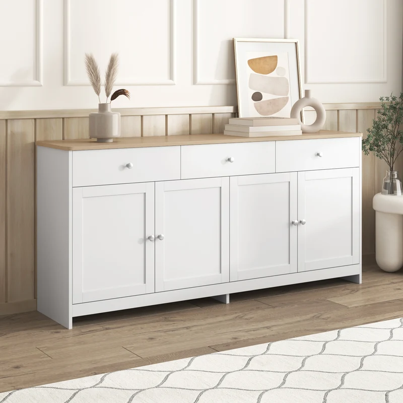 Buffet blanc effet bois 4 portes 3 tiroirs style campagne ADJUSTMARBLEONE