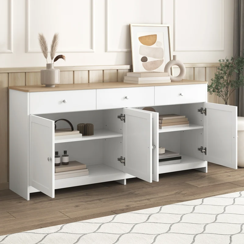 Buffet blanc effet bois 4 portes 3 tiroirs style campagne ADJUSTMARBLEONE