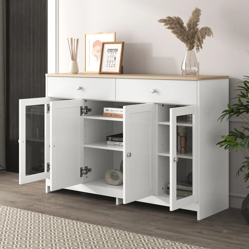 Buffet blanc effet bois clair 4 portes 2 tiroirs 120x37x80cm ADJUSTOAKELITE