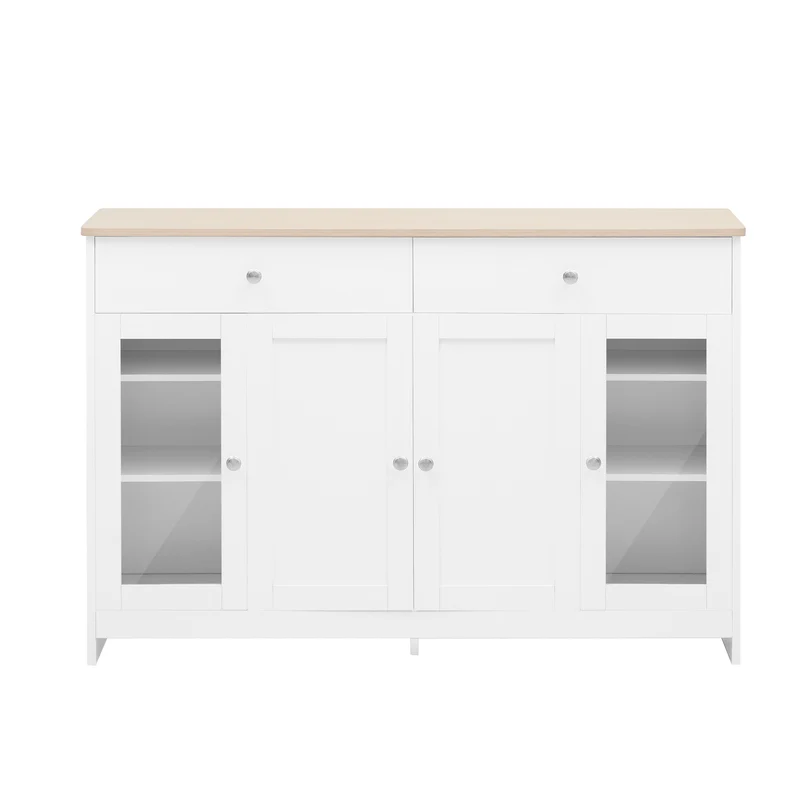 Buffet blanc effet bois clair 4 portes 2 tiroirs 120x37x80cm ADJUSTOAKELITE