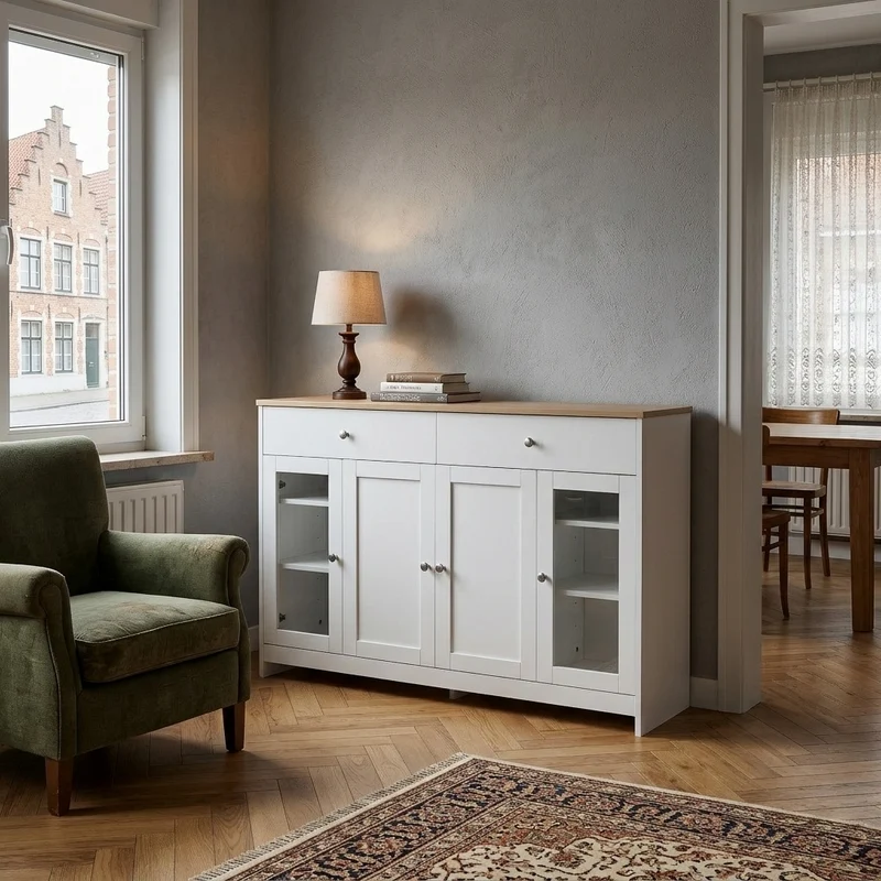 Buffet blanc effet bois clair 4 portes 2 tiroirs 120x37x80cm ADJUSTOAKELITE