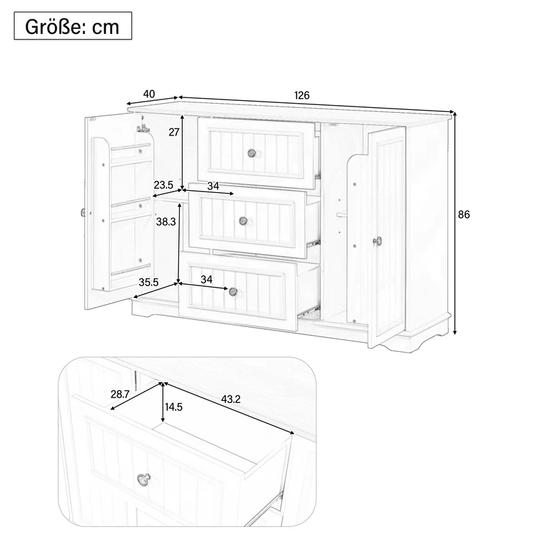Buffet charme gris 3 tiroirs et 2 portes 126x40x86 cm CASCADEQUAZX