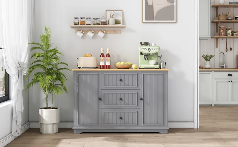 Buffet charme gris 3 tiroirs et 2 portes 126x40x86 cm CASCADEQUAZX