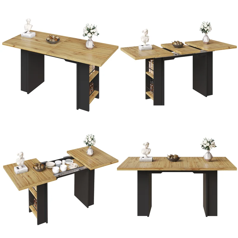 Table extensible effet bois naturel avec étagères 120-160x80cm CASCADEVERTEXX