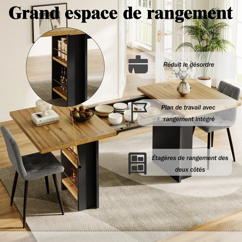 Table extensible effet bois naturel avec étagères 120-160x80cm CASCADEVERTEXX