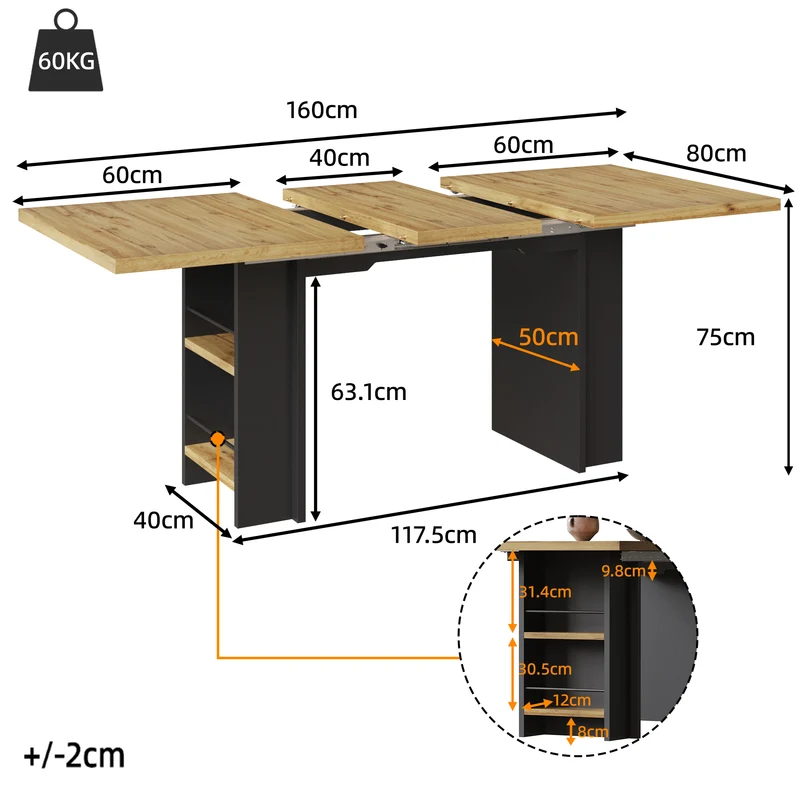 Table extensible effet bois naturel avec étagères 120-160x80cm CASCADEVERTEXX
