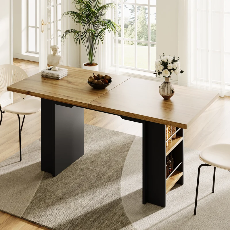 Table extensible effet bois naturel avec étagères 120-160x80cm CASCADEVERTEXX