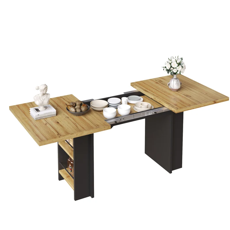 Table extensible effet bois naturel avec étagères 120-160x80cm CASCADEVERTEXX