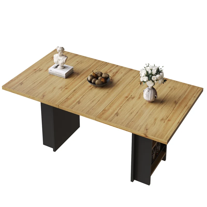 Table extensible effet bois naturel avec étagères 120-160x80cm CASCADEVERTEXX