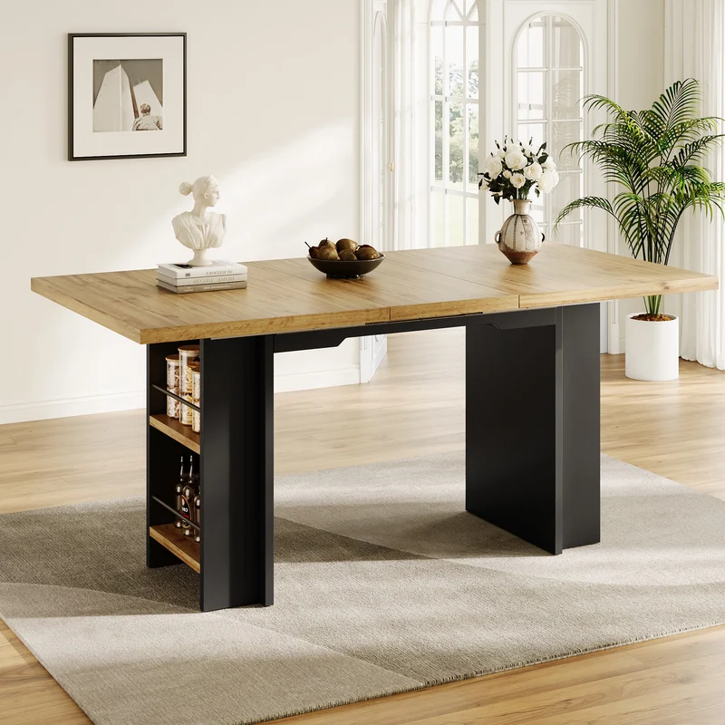 Table extensible effet bois naturel avec étagères 120-160x80cm CASCADEVERTEXX