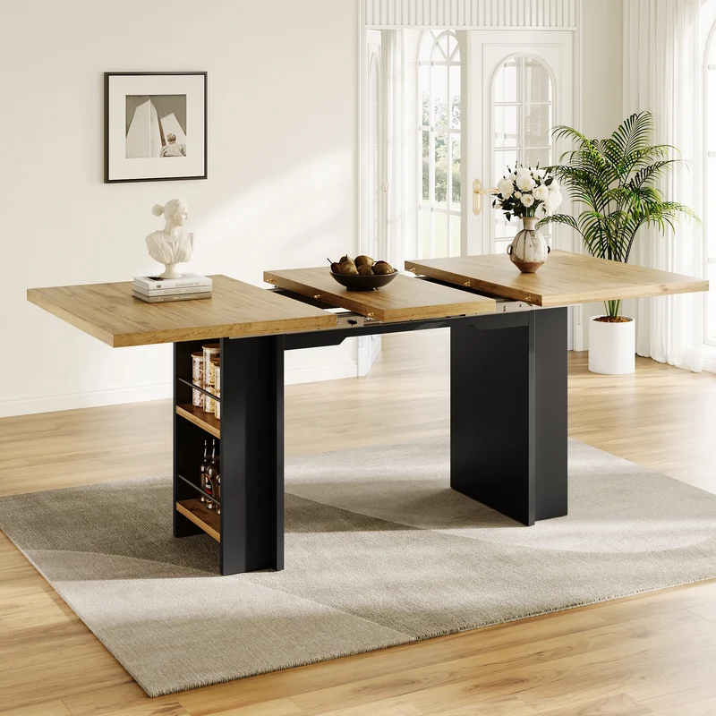Table extensible effet bois naturel avec étagères 120-160x80cm CASCADEVERTEXX