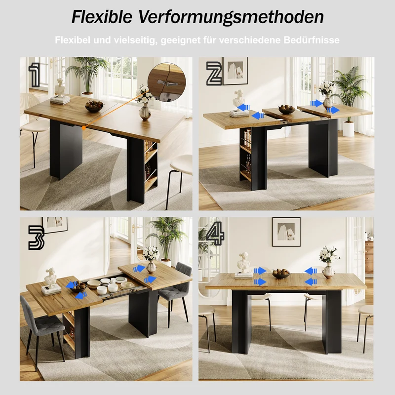 Table extensible effet bois naturel avec étagères 120-160x80cm CASCADEVERTEXX