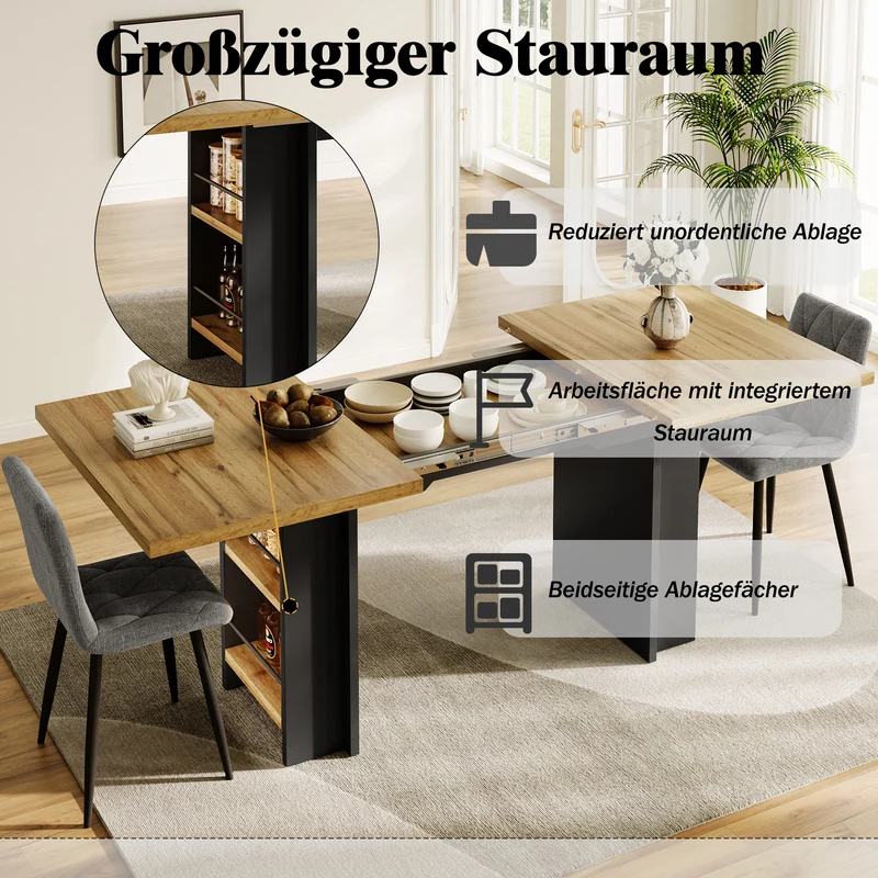 Table extensible effet bois naturel avec étagères 120-160x80cm CASCADEVERTEXX