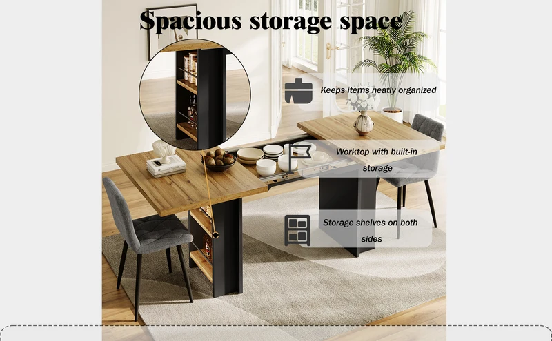 Table extensible effet bois naturel avec étagères 120-160x80cm CASCADEVERTEXX