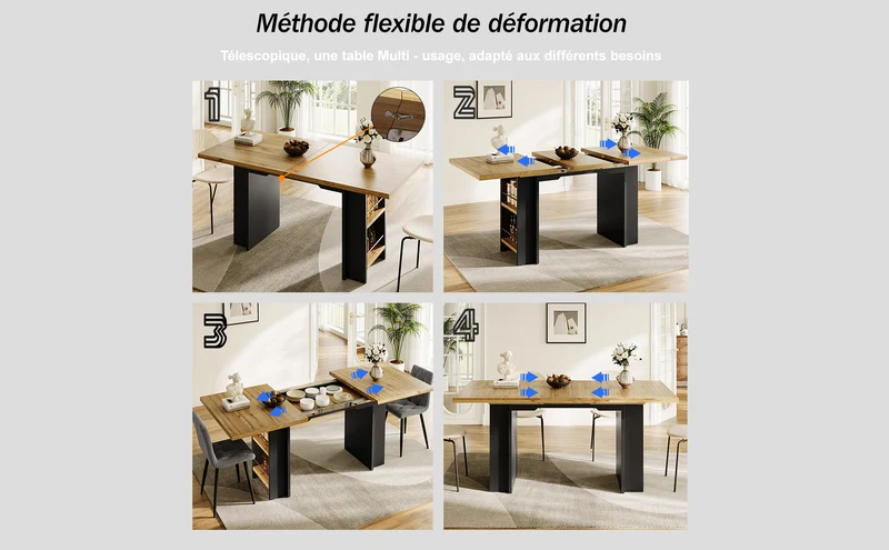 Table extensible effet bois naturel avec étagères 120-160x80cm CASCADEVERTEXX