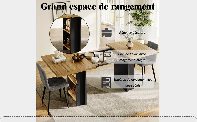 Table extensible effet bois naturel avec étagères 120-160x80cm CASCADEVERTEXX