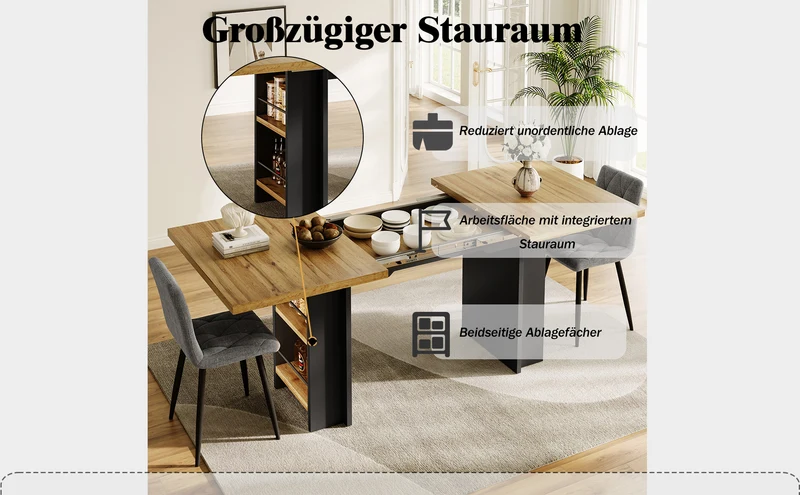 Table extensible effet bois naturel avec étagères 120-160x80cm CASCADEVERTEXX