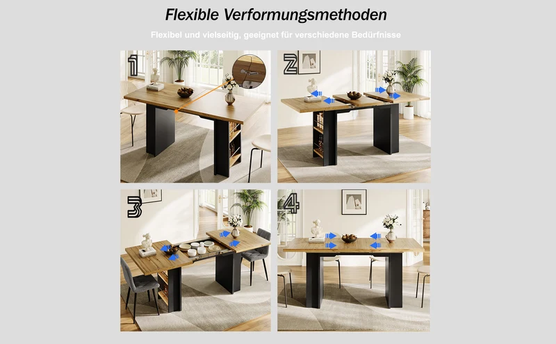 Table extensible effet bois naturel avec étagères 120-160x80cm CASCADEVERTEXX