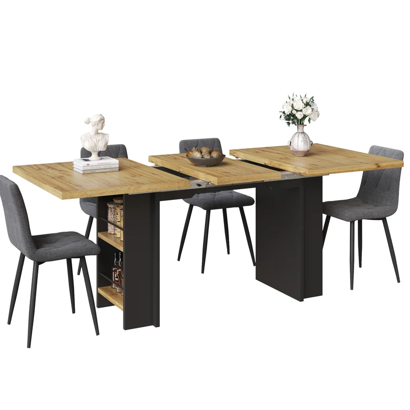 Table extensible effet bois naturel avec étagères 120-160x80cm CASCADEVERTEXX