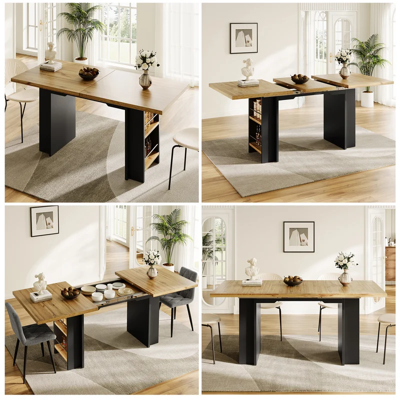 Table extensible effet bois naturel avec étagères 120-160x80cm CASCADEVERTEXX