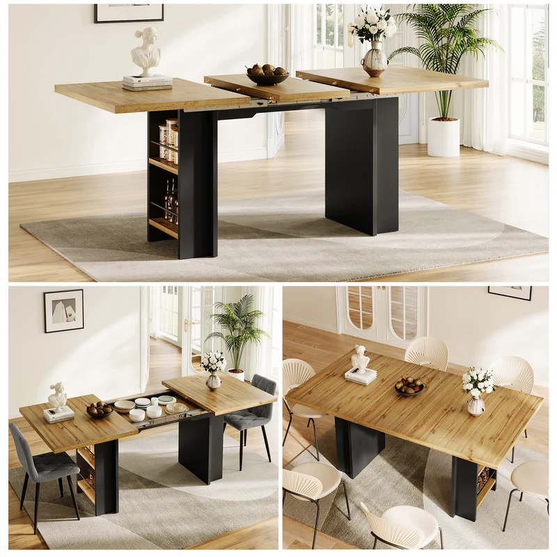 Table extensible effet bois naturel avec étagères 120-160x80cm CASCADEVERTEXX