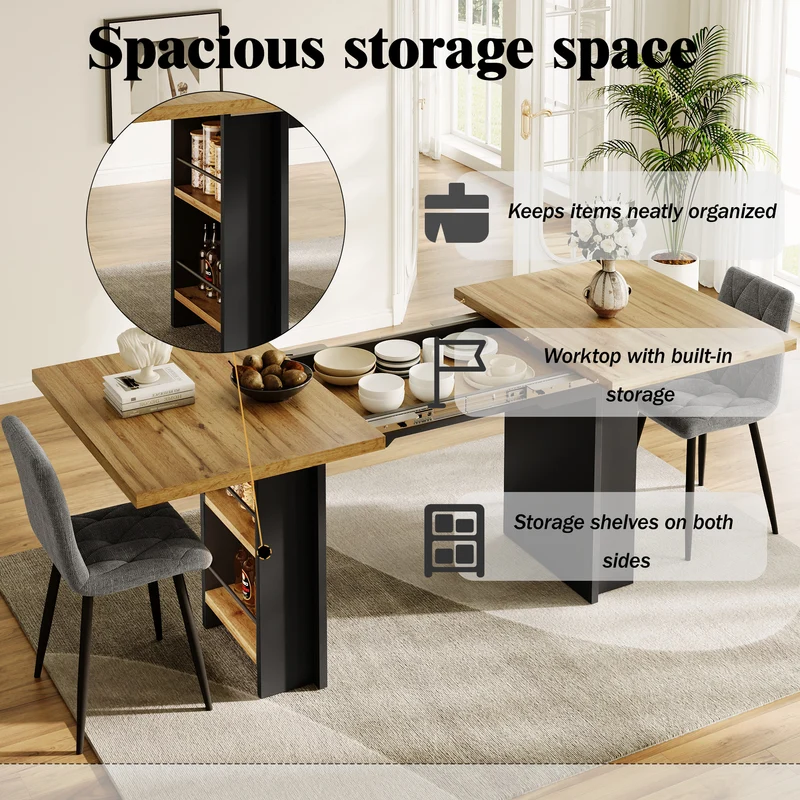 Table extensible effet bois naturel avec étagères 120-160x80cm CASCADEVERTEXX
