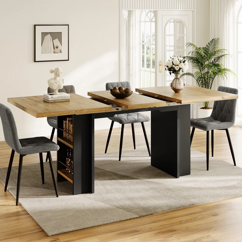 Table extensible effet bois naturel avec étagères 120-160x80cm CASCADEVERTEXX