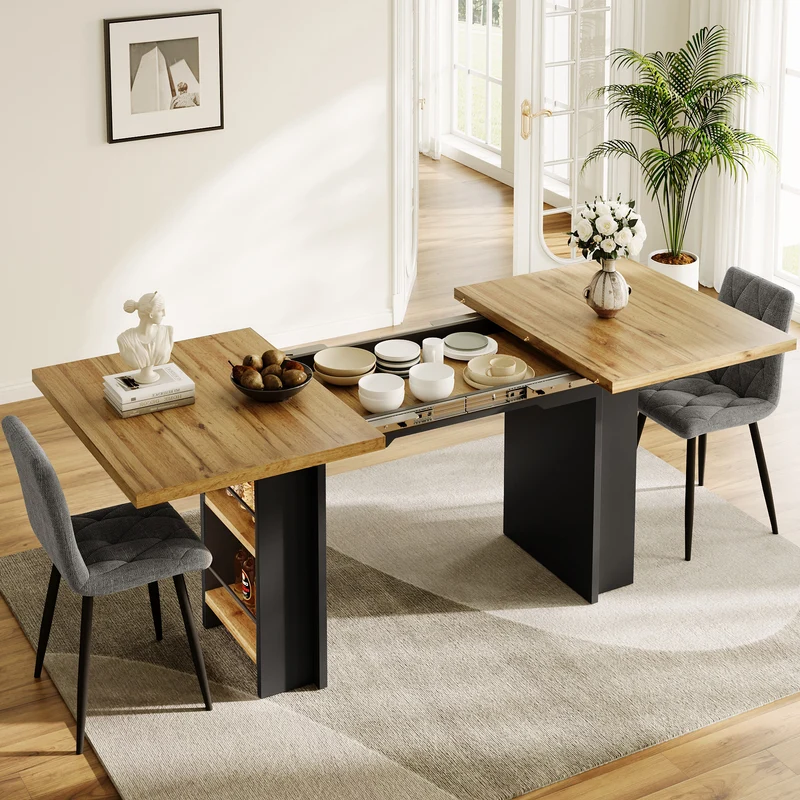 Table extensible effet bois naturel avec étagères 120-160x80cm CASCADEVERTEXX