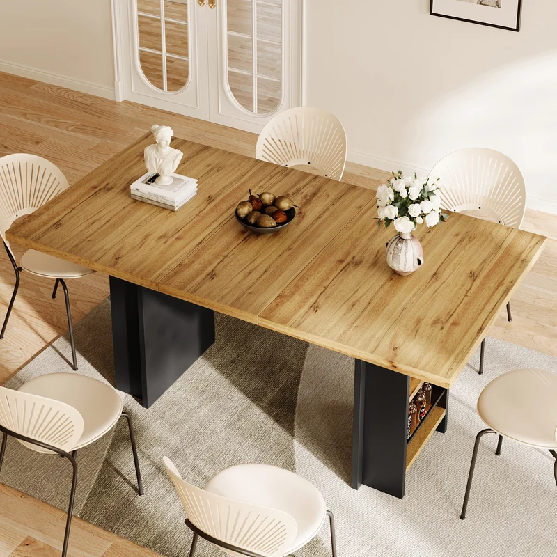 Table extensible effet bois naturel avec étagères 120-160x80cm CASCADEVERTEXX