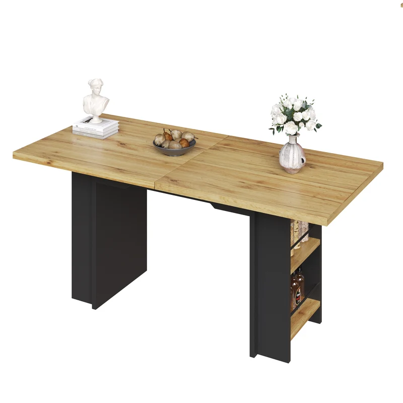 Table extensible effet bois naturel avec étagères 120-160x80cm CASCADEVERTEXX
