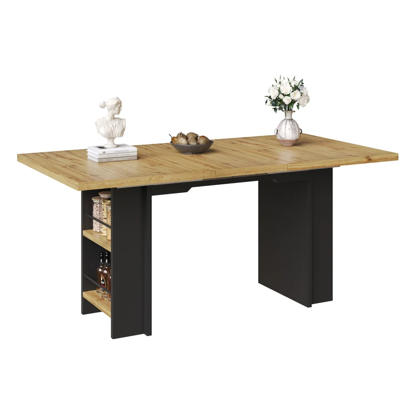 Table extensible effet bois naturel avec étagères 120-160x80cm CASCADEVERTEXX