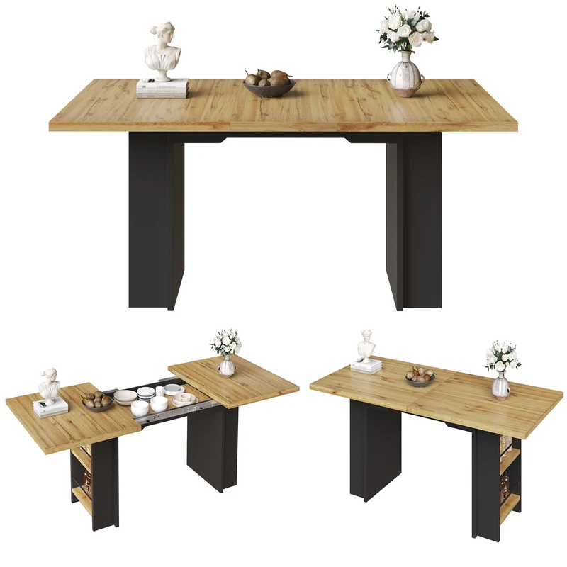 Table extensible effet bois naturel avec étagères 120-160x80cm CASCADEVERTEXX