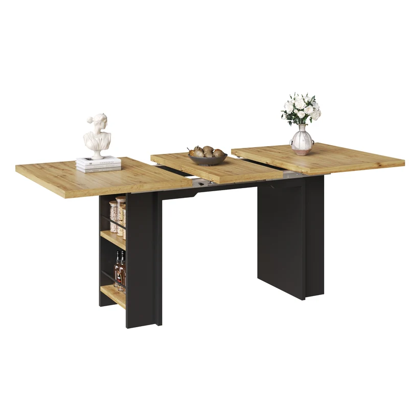 Table extensible effet bois naturel avec étagères 120-160x80cm CASCADEVERTEXX