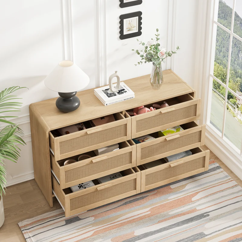 Buffet style naturel en rotin 6 tiroirs 130x40x74cm MOMENTUMMERIDIA