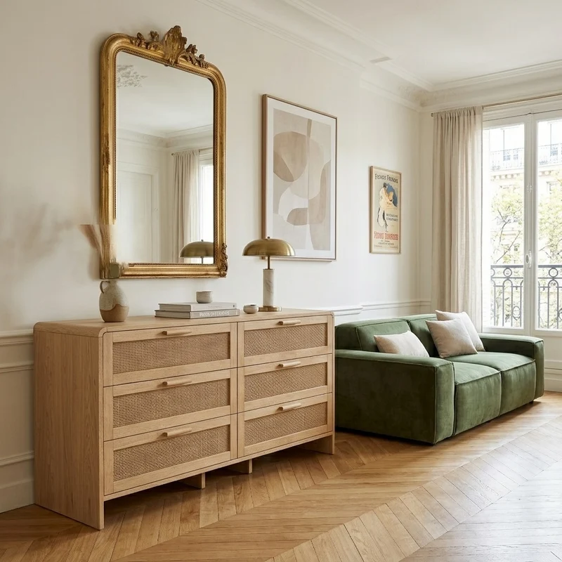 Buffet style naturel en rotin 6 tiroirs 130x40x74cm MOMENTUMMERIDIA