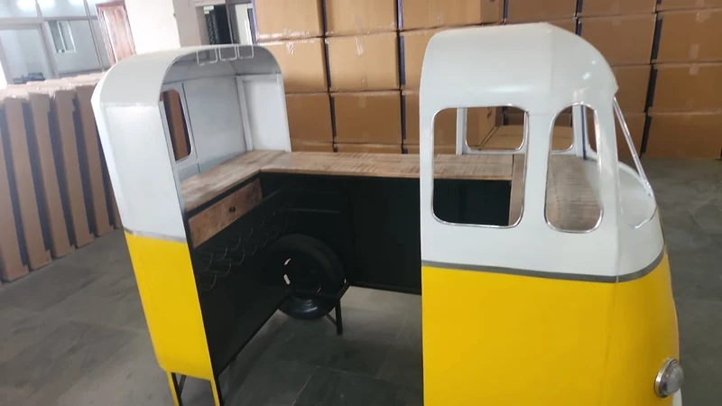 Meuble bar style combi métal jaune et blanc avec comptoir bois