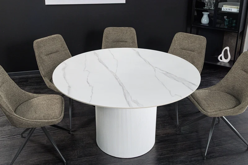 Table à manger ronde UNIQUE 120cm en céramique blanche avec piètement pilier
